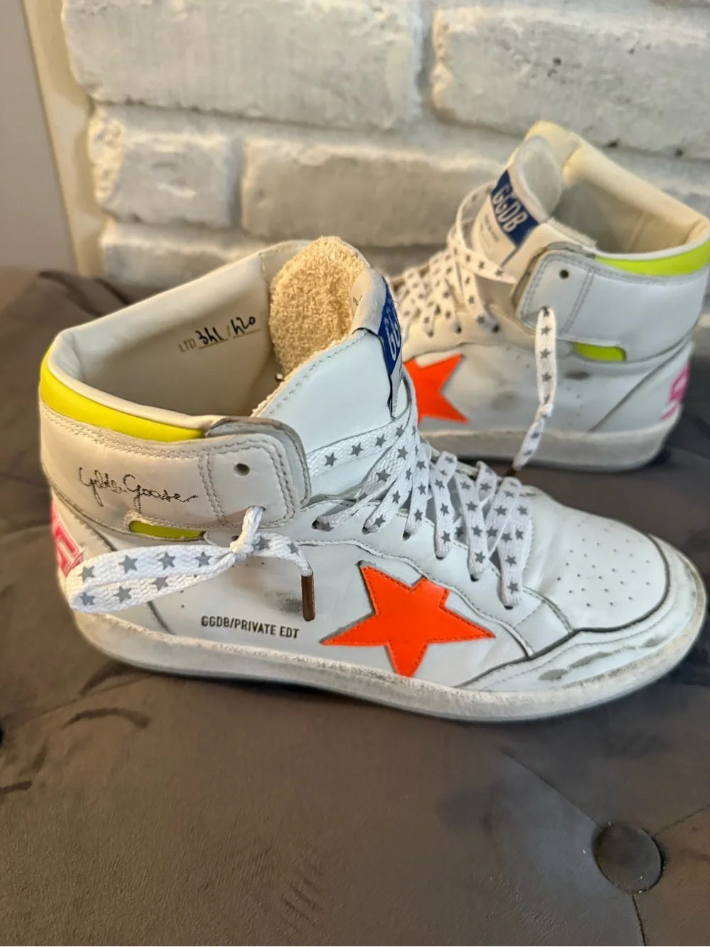 Golden Goose White High-Top  Orange Star and Neon Yellow Trim Private Edition